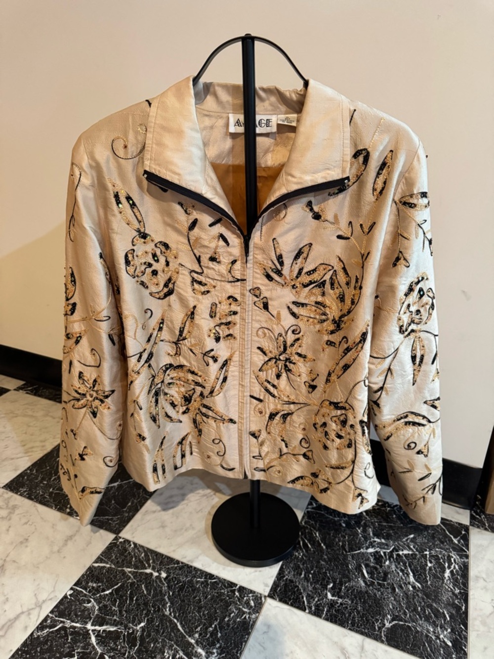 Vintage ANAGE 100% Silk Beaded Embroidered Sequin Floral Jacket XL Luxe Boho